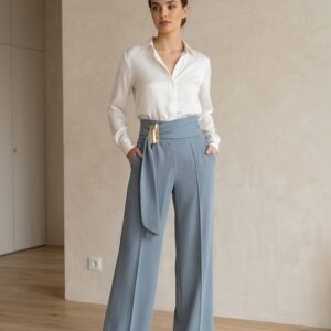 Pantalón Palazzo Talle Alto con Hebilla Dorada - Azul Empolvado
