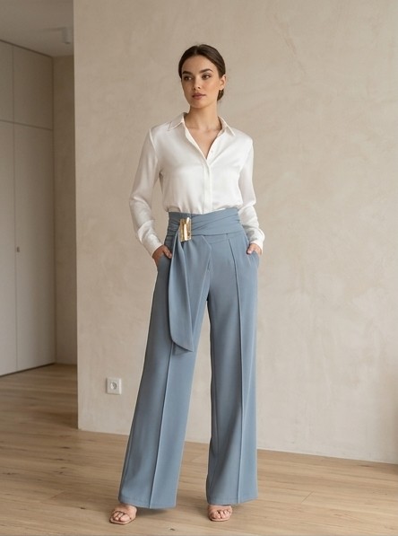 Pantalón Palazzo Talle Alto con Hebilla Dorada - Azul Empolvado