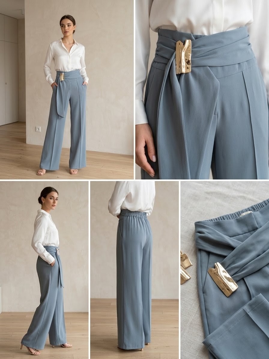 Pantalón Palazzo Talle Alto con Hebilla Dorada - Azul Empolvado - Imagen 7