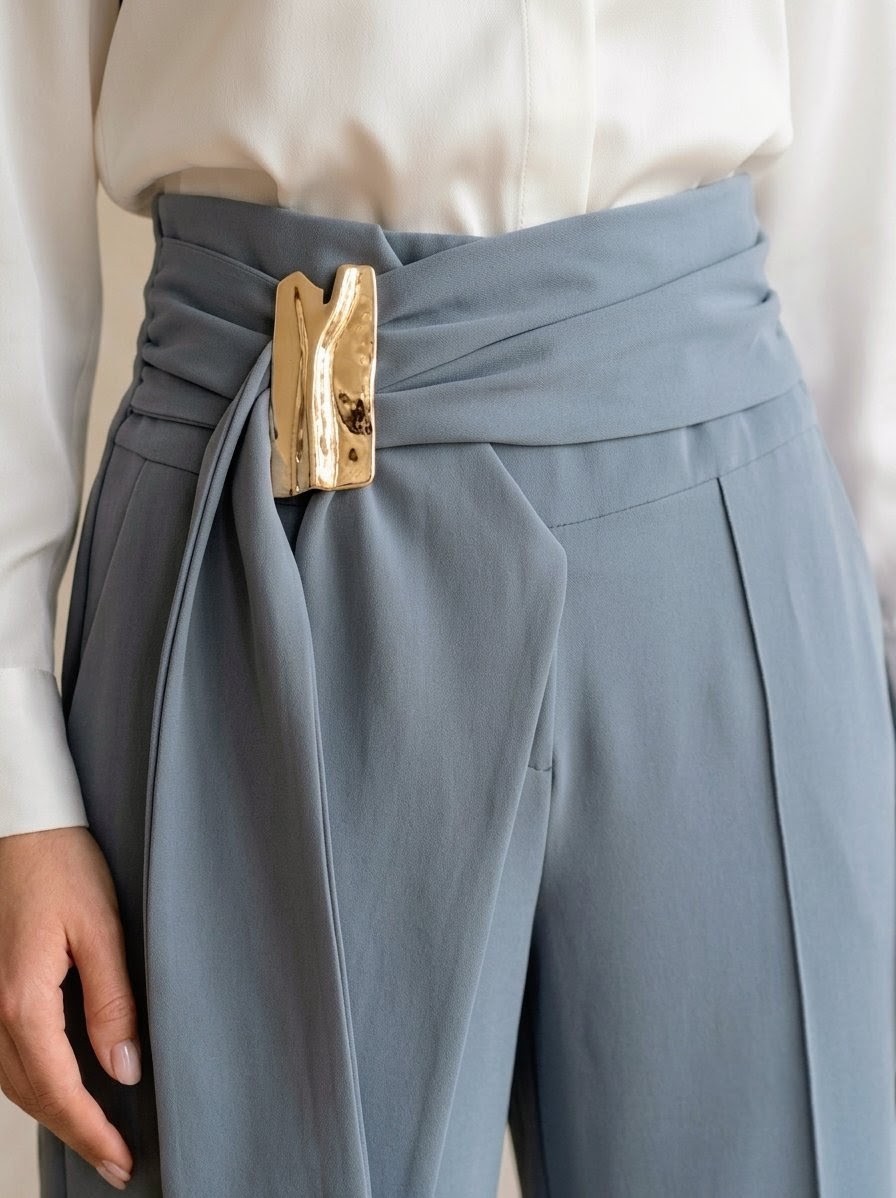 Pantalón Palazzo Talle Alto con Hebilla Dorada - Azul Empolvado - Imagen 4