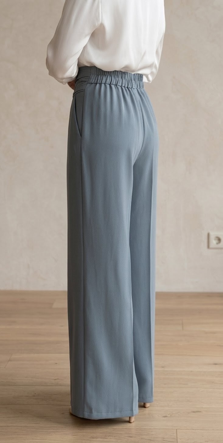 Pantalón Palazzo Talle Alto con Hebilla Dorada - Azul Empolvado - Imagen 3