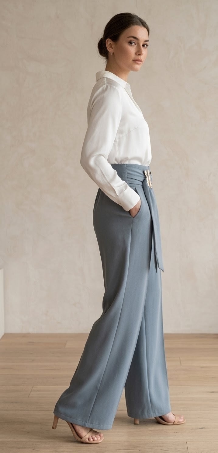 Pantalón Palazzo Talle Alto con Hebilla Dorada - Azul Empolvado - Imagen 2