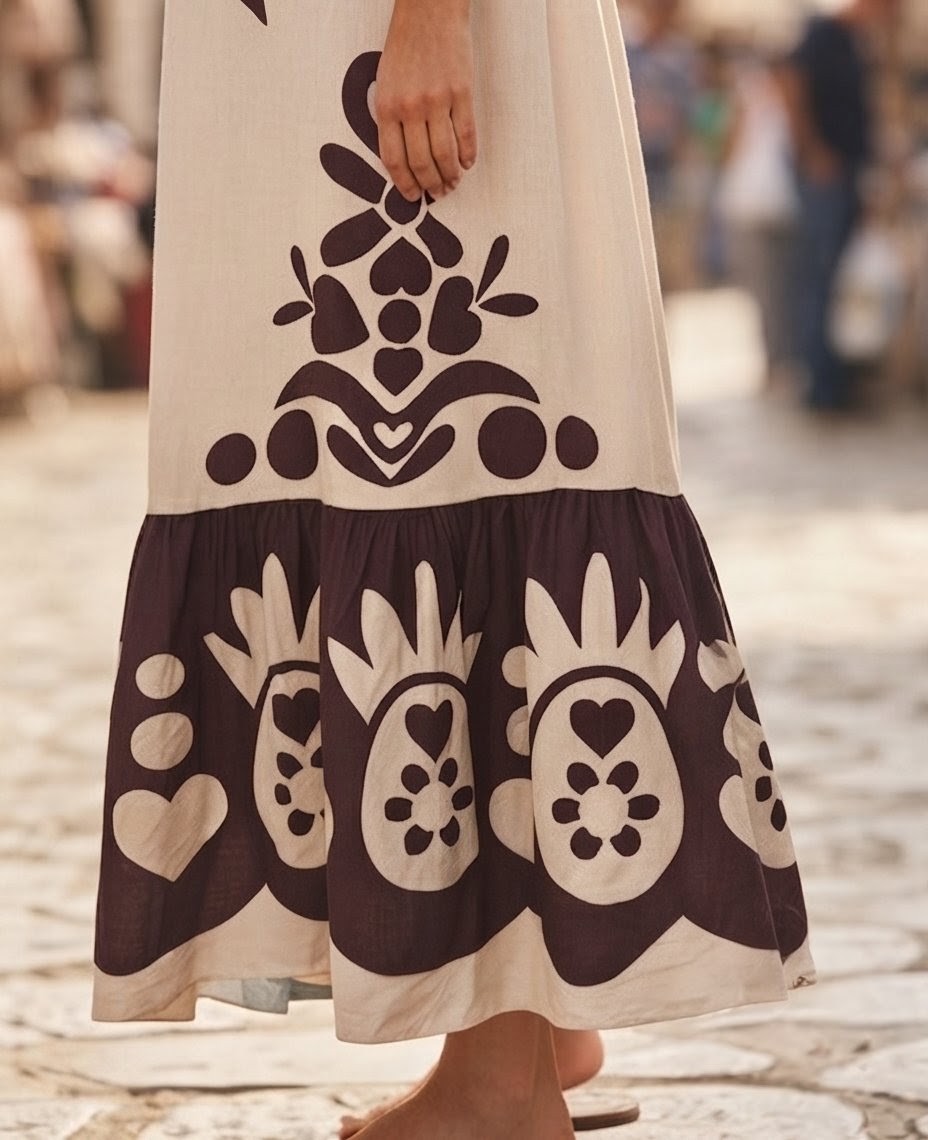 Vestido Largo Estampado Boho con Borlas - Beige y Marrón - Imagen 4