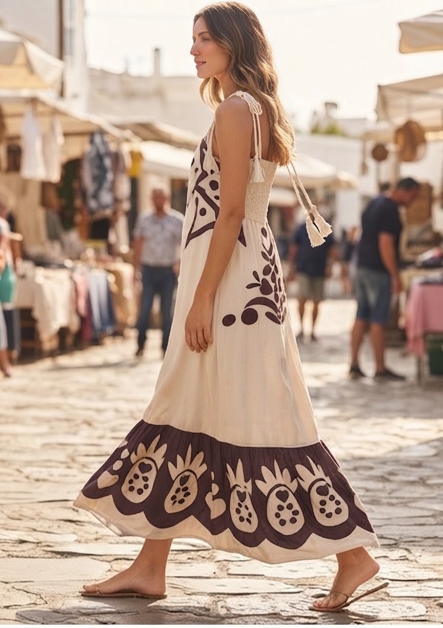Vestido Largo Estampado Boho con Borlas - Beige y Marrón - Imagen 3