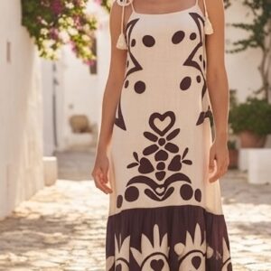 Vestido Largo Estampado Boho con Borlas - Beige y Marrón