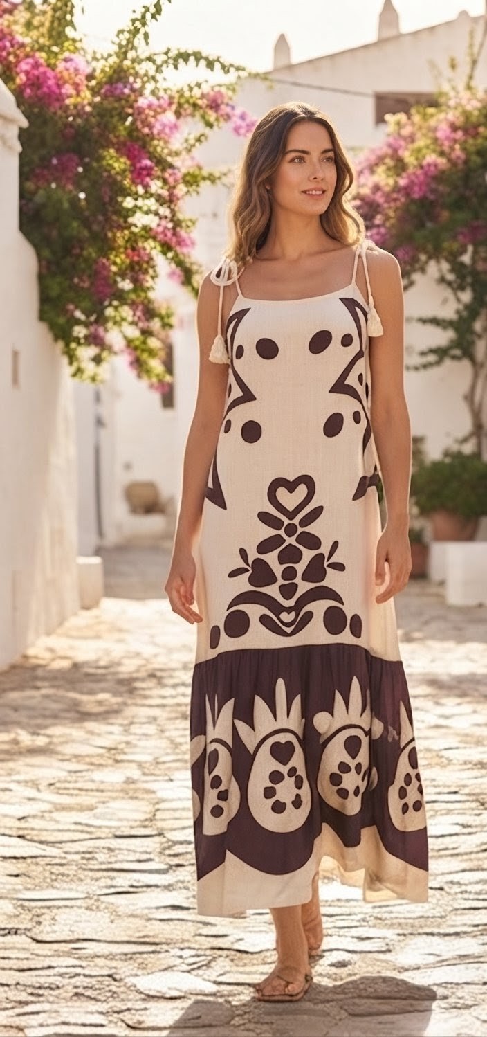Vestido Largo Estampado Boho con Borlas - Beige y Marrón