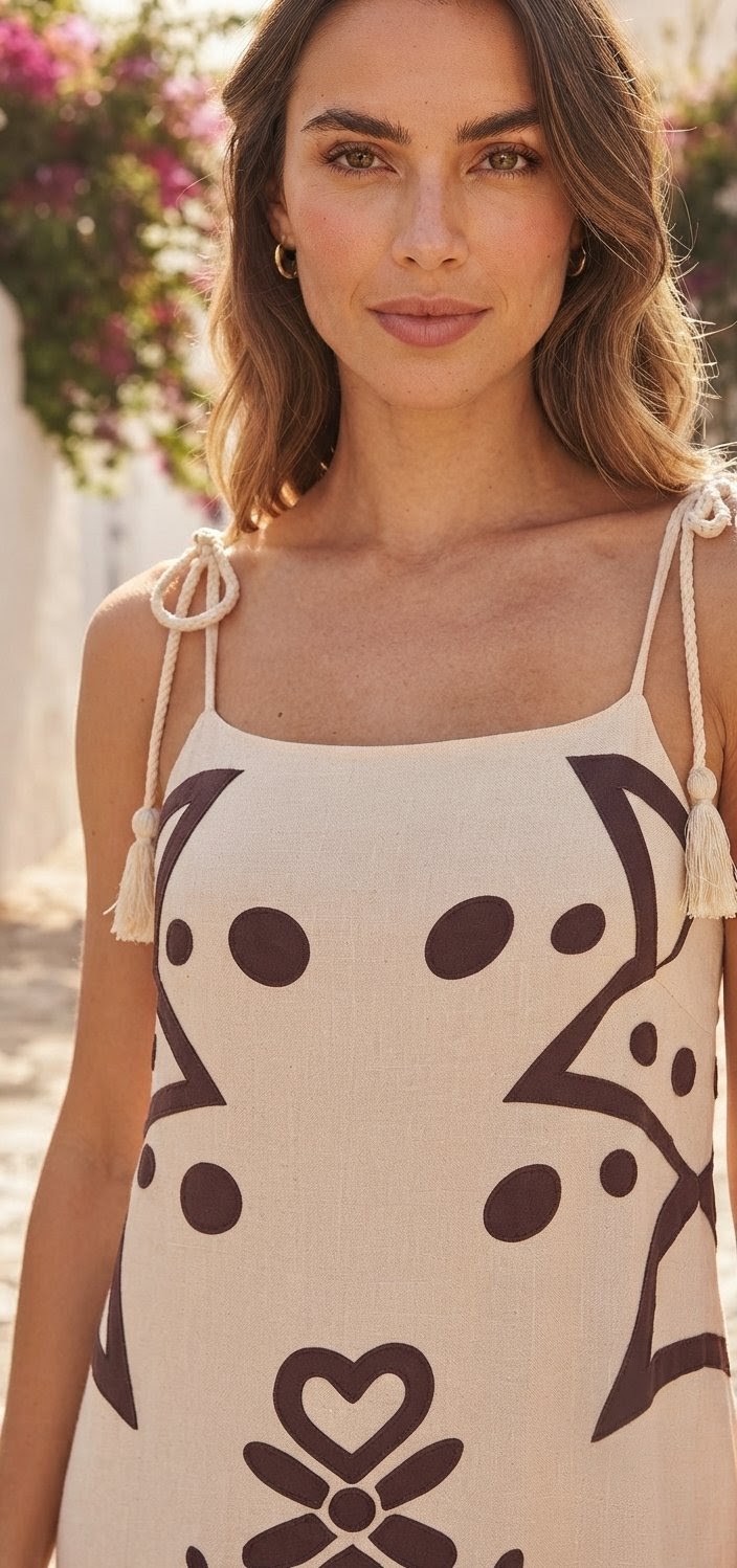 Vestido Largo Estampado Boho con Borlas - Beige y Marrón - Imagen 2
