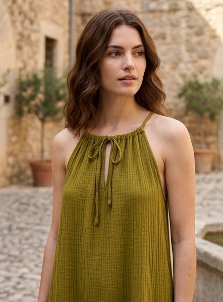 Vestido Largo Halter de Gasa con Volante - Verde Oliva - Imagen 2