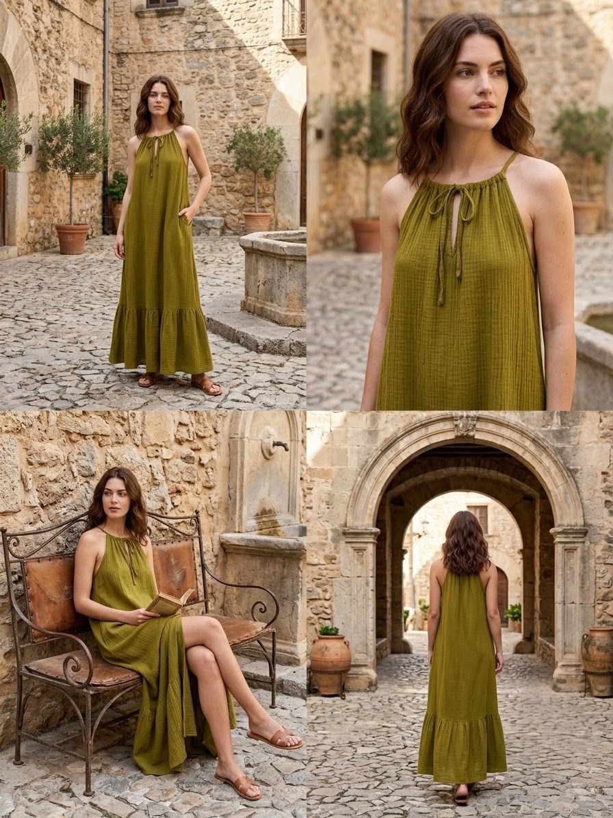 Vestido Largo Halter de Gasa con Volante - Verde Oliva - Imagen 6