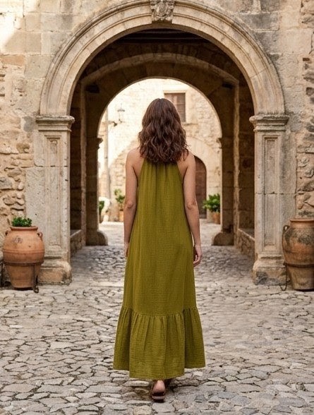 Vestido Largo Halter de Gasa con Volante - Verde Oliva - Imagen 3