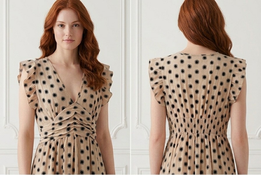 Vestido Estampado Soles con Escote V y Volantes - Beige - Imagen 4