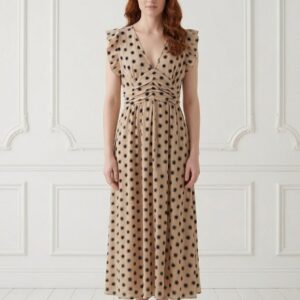 Vestido Estampado Soles con Escote V y Volantes - Beige