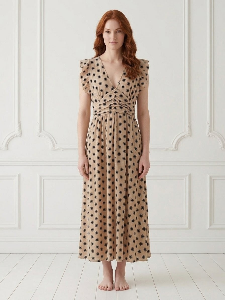 Vestido Estampado Soles con Escote V y Volantes - Beige