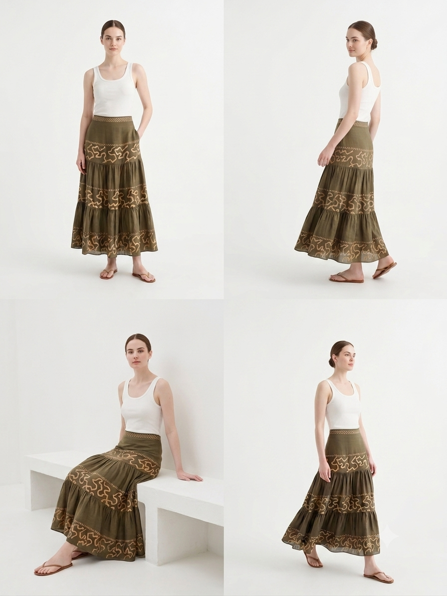 Falda Larga Estampada Étnica a Paneles - Verde Caqui - Imagen 5