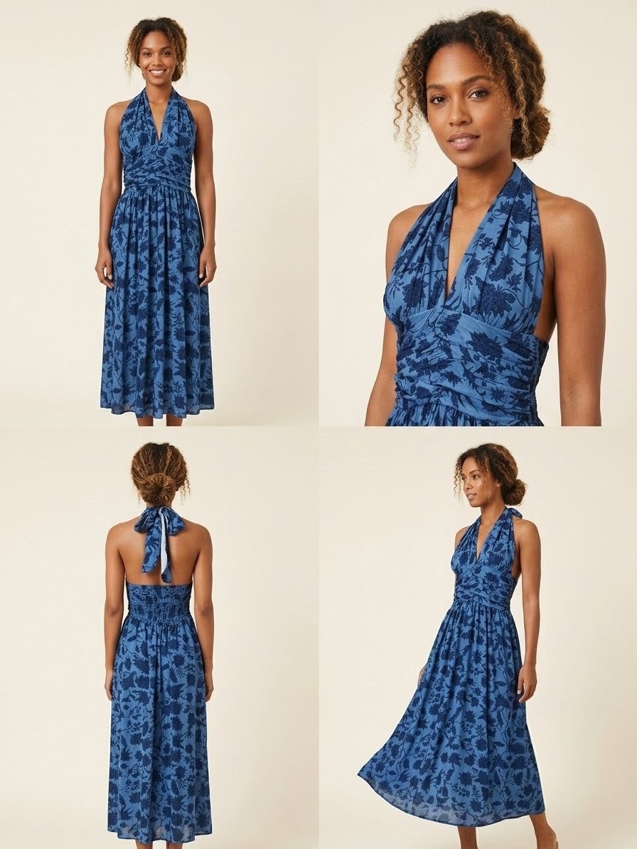 Vestido Largo Azul Midi/Maxi Escote, Halter y Espalda Descubierta. Estampado Floral - Imagen 5