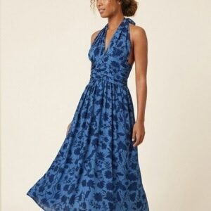 Vestido Largo Azul Midi/Maxi Escote, Halter y Espalda Descubierta. Estampado Floral