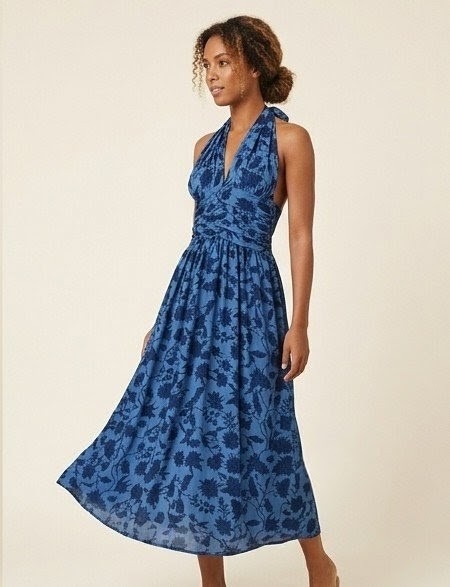 Vestido Largo Azul Midi/Maxi Escote, Halter y Espalda Descubierta. Estampado Floral