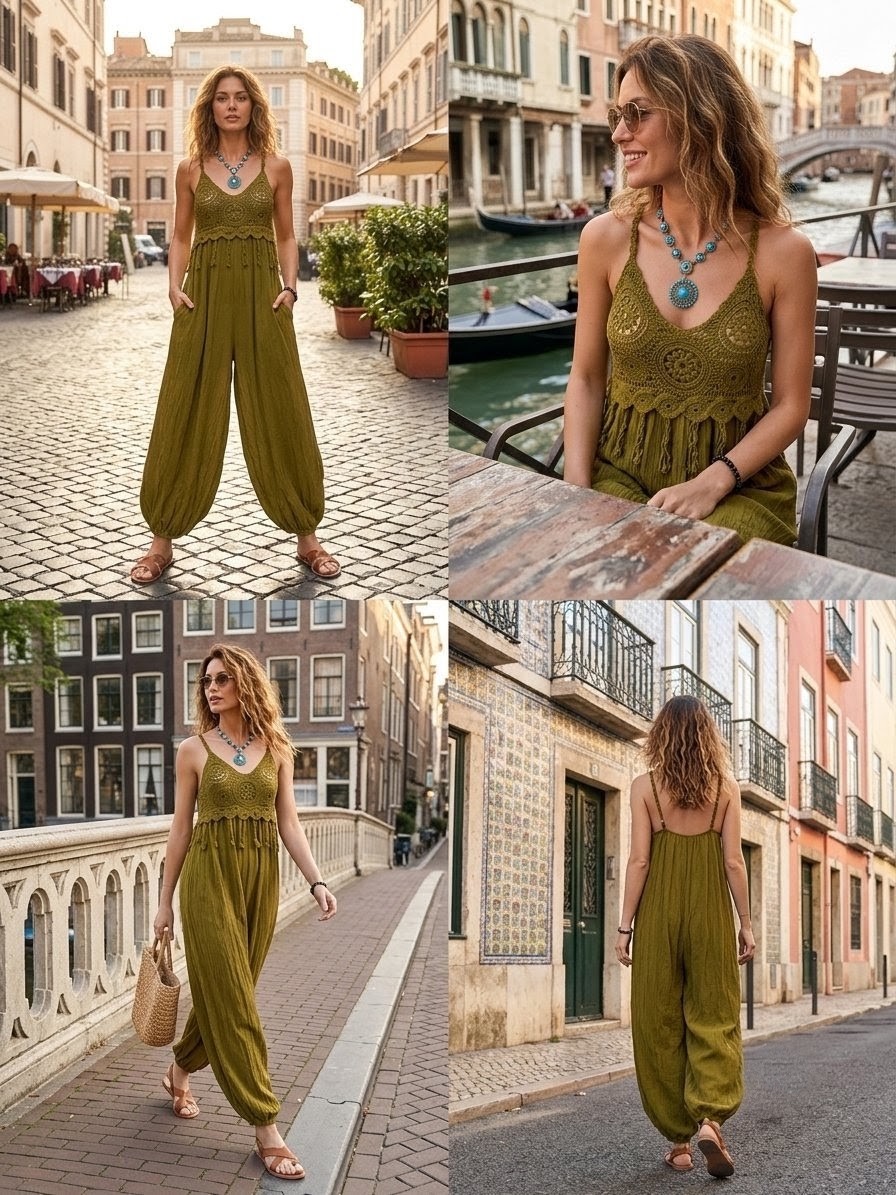 Mono Largo Boho Chic con Pechera de Crochet y Flecos - Verde Oliva - Imagen 4