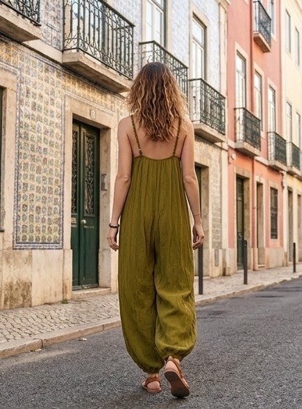 Mono Largo Boho Chic con Pechera de Crochet y Flecos - Verde Oliva - Imagen 3