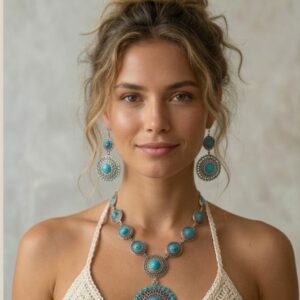 Conjunto de Collar y Pendientes Boho Chic con Turquesas Sintéticas en Acero Inoxidable
