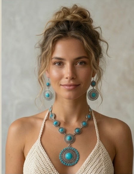 Conjunto de Collar y Pendientes Boho Chic con Turquesas Sintéticas en Acero Inoxidable