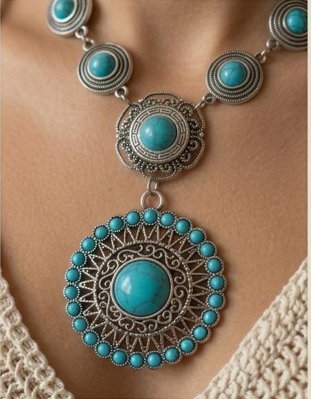Conjunto de Collar y Pendientes Boho Chic con Turquesas Sintéticas en Acero Inoxidable - Imagen 2