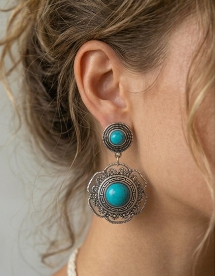 Conjunto de Collar y Pendientes Boho Chic con Turquesas Sintéticas en Acero Inoxidable - Imagen 4