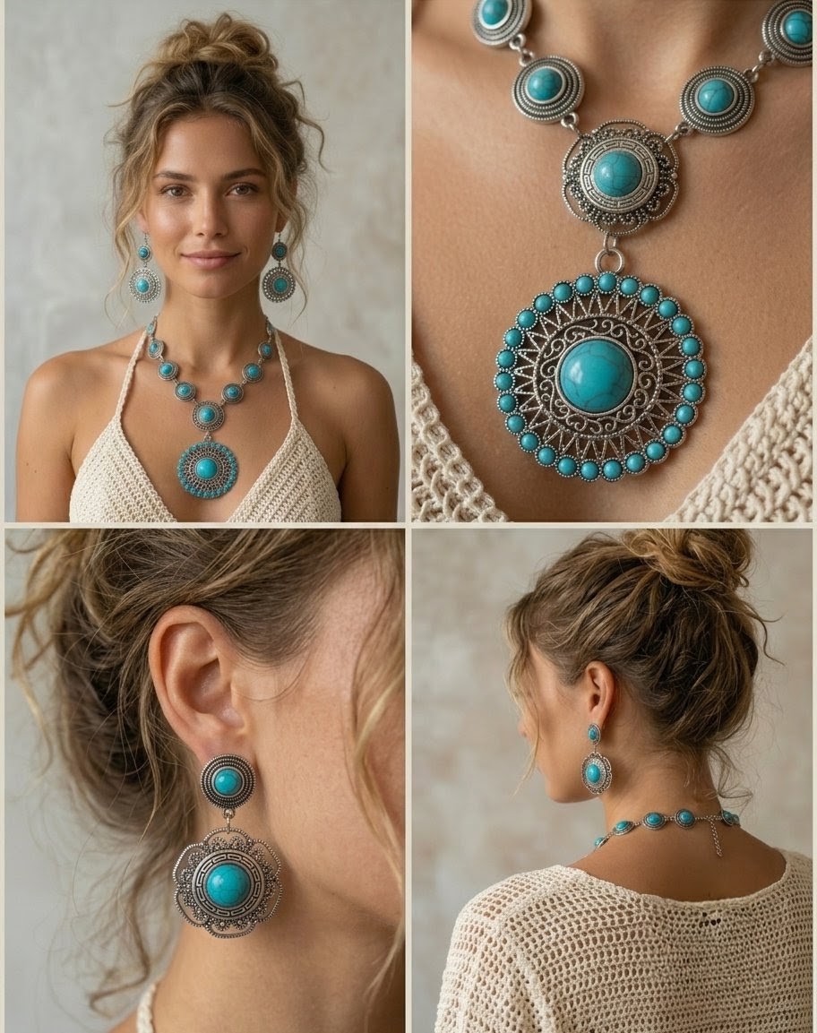 Conjunto de Collar y Pendientes Boho Chic con Turquesas Sintéticas en Acero Inoxidable - Imagen 8