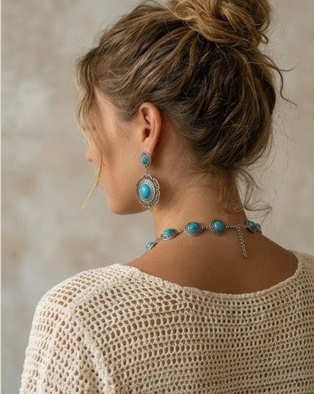 Conjunto de Collar y Pendientes Boho Chic con Turquesas Sintéticas en Acero Inoxidable - Imagen 6