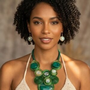 Conjunto Exclusivo de Joyería Artesanal en Verde y Dorado – Diseño Sofisticado y Lujoso
