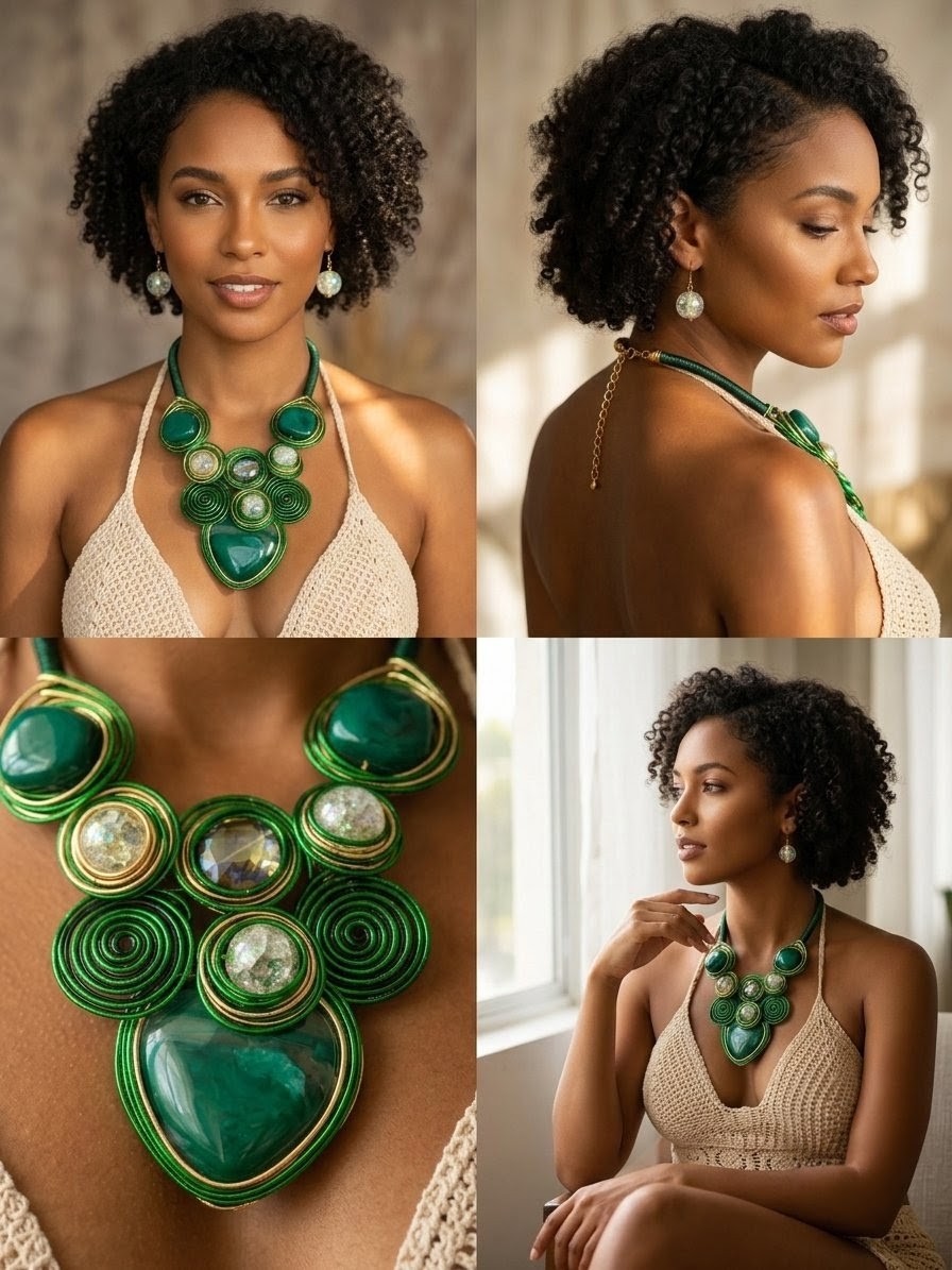 Conjunto Exclusivo de Joyería Artesanal en Verde y Dorado – Diseño Sofisticado y Lujoso - Imagen 5