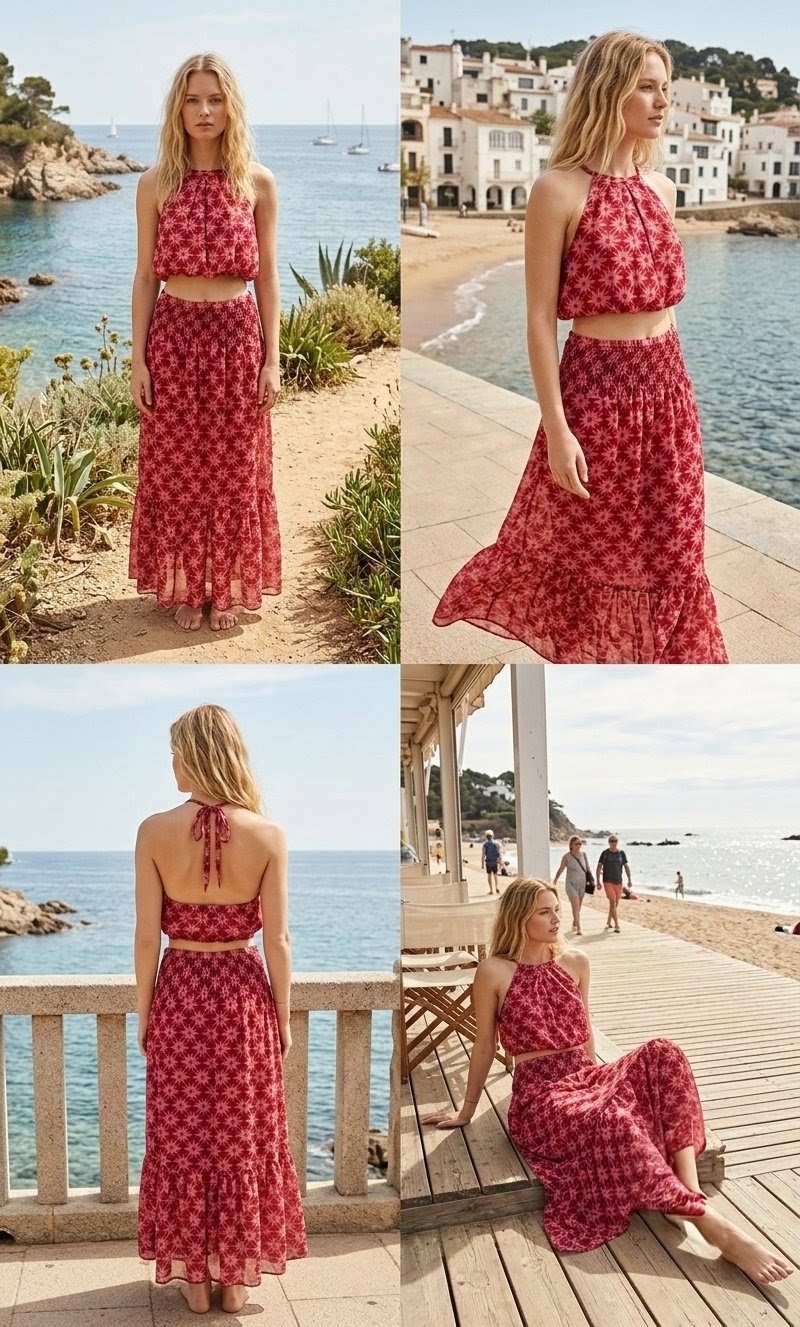Conjunto Floral Dos Piezas: Top Halter y Falda Larga con Estampado Floral en Rojo y Rosa - Imagen 6