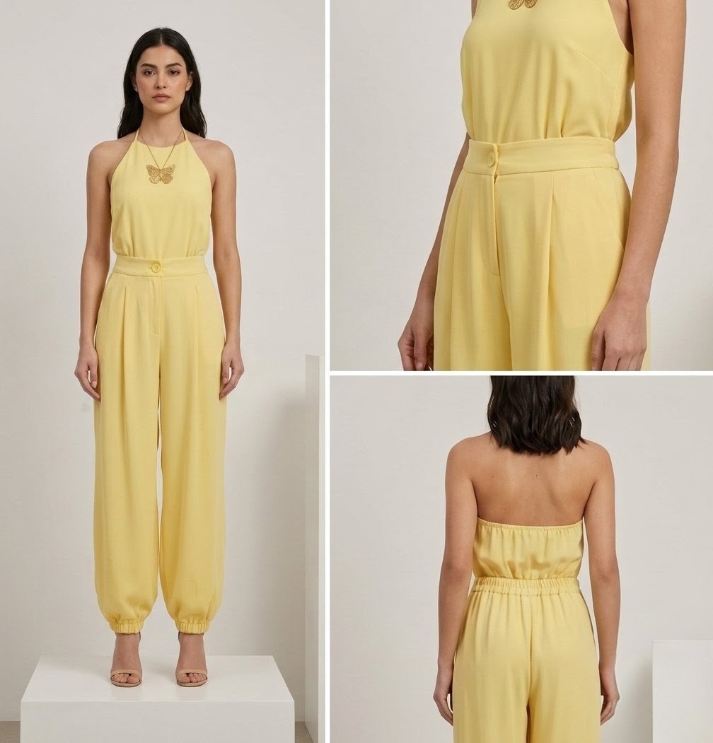 Pantalón Fluido de Tiro Alto con Pinzas y Bajo Abombado – Amarillo Pastel - Imagen 5
