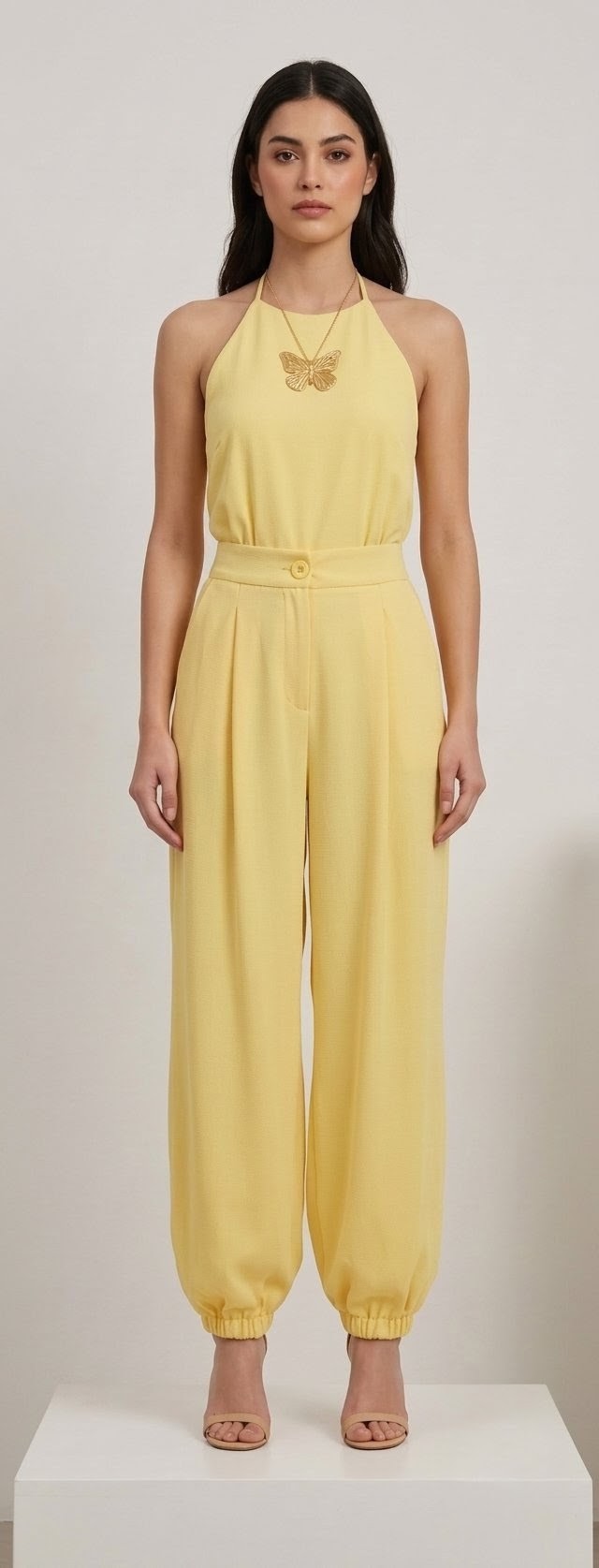 Pantalón Fluido de Tiro Alto con Pinzas y Bajo Abombado – Amarillo Pastel