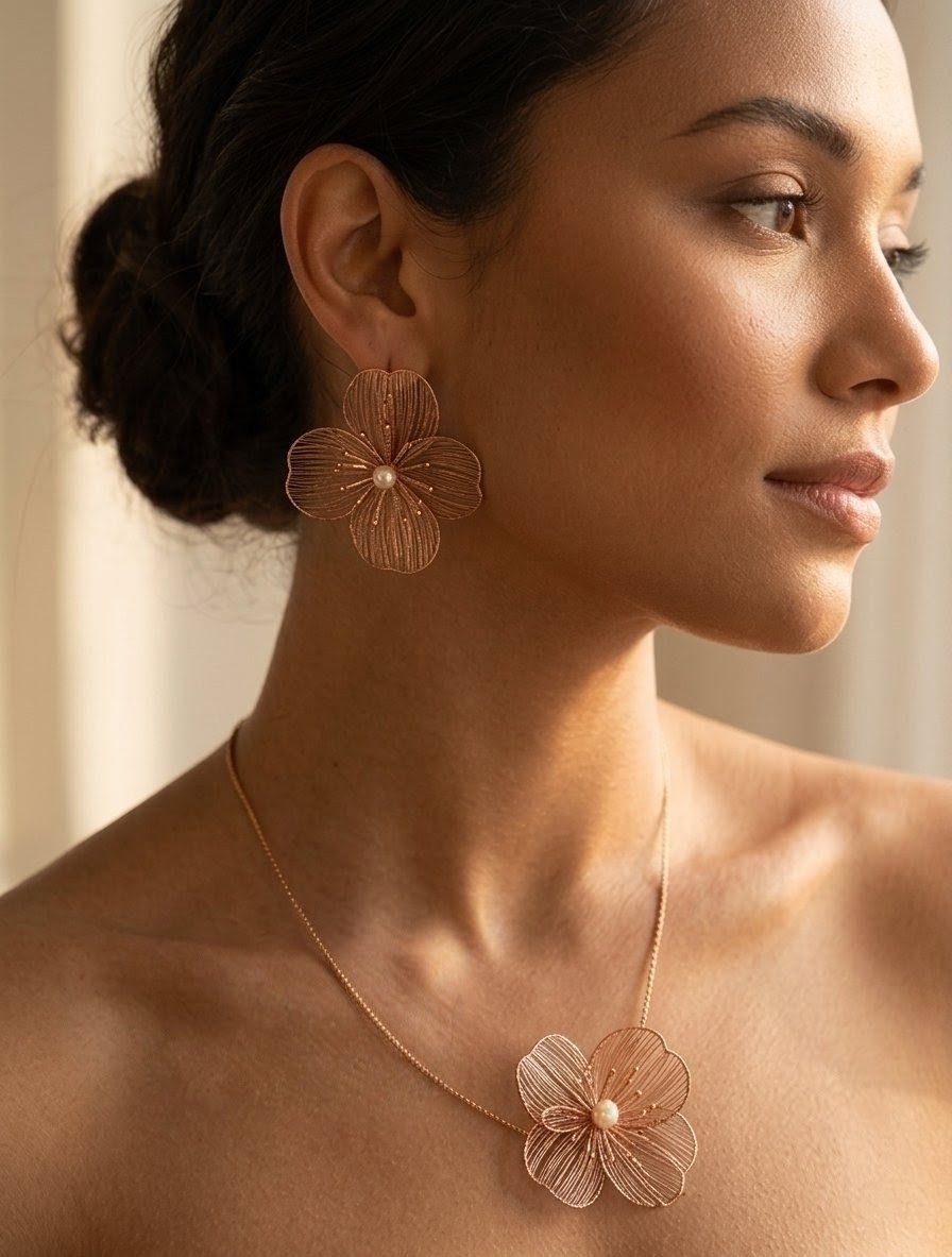 Juego de Joyas Floral Calado – Gargantilla, Anillo y Pendientes Maxi