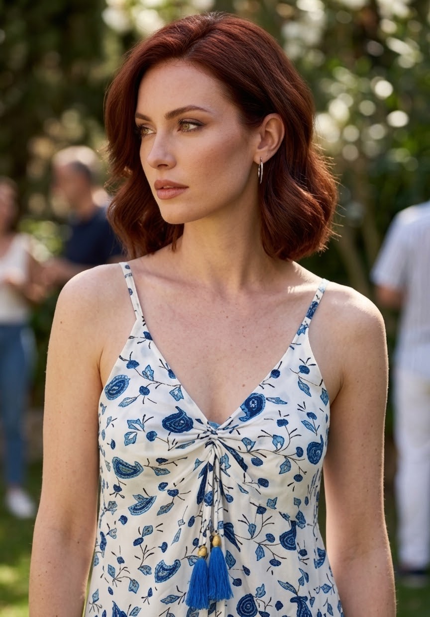 Vestido Corto Playero / Veraniego con Estampado Azul sobre Blanco y Detalles de Borlas - Imagen 3