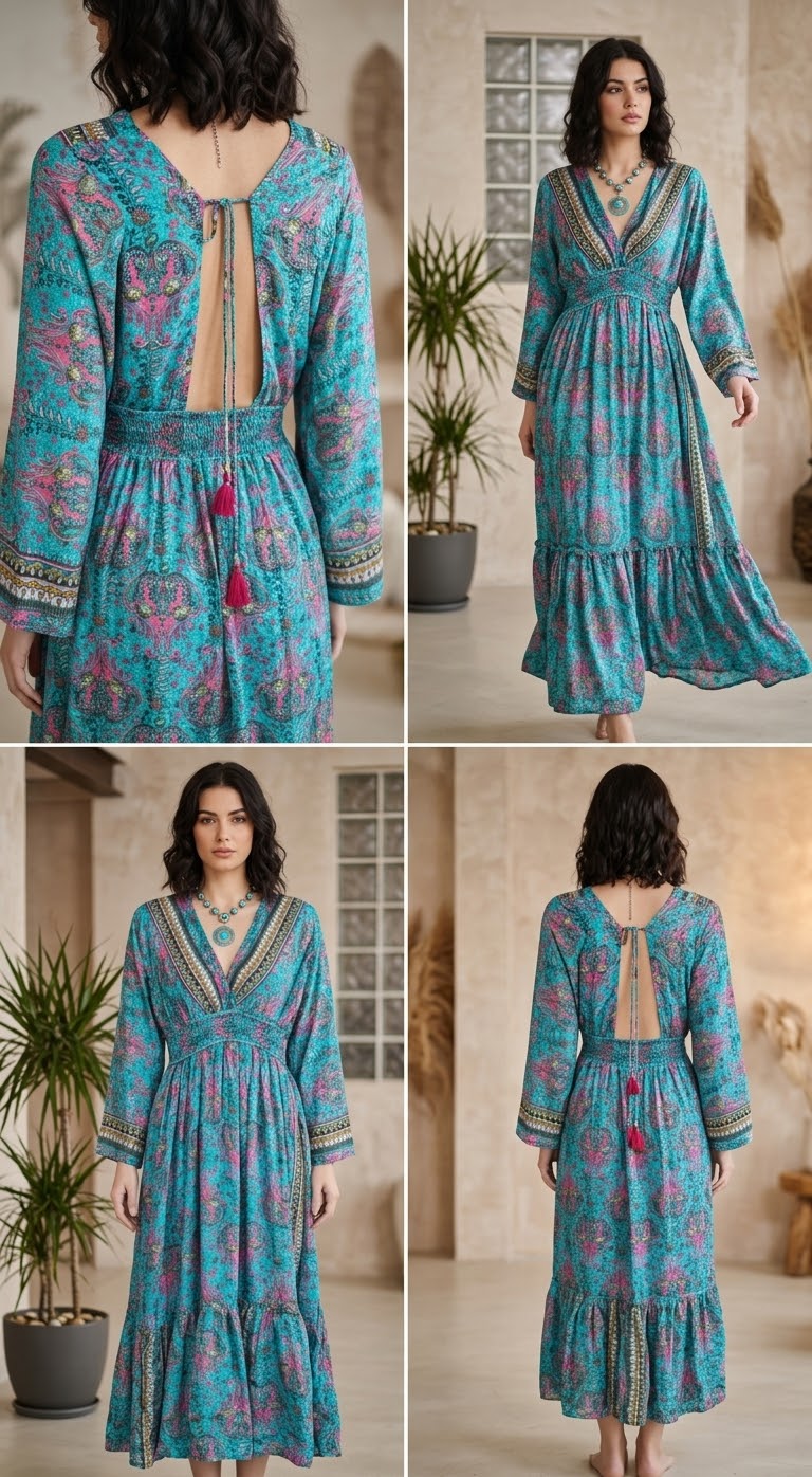 Vestido Largo Boho Chic Print Paisley Turquesa - Imagen 8