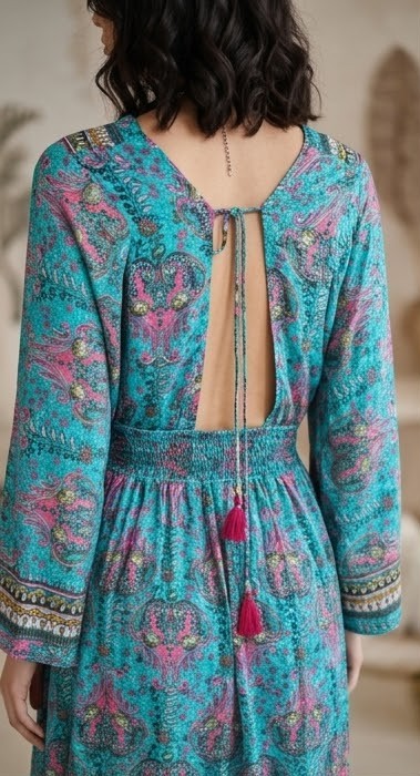 Vestido Largo Boho Chic Print Paisley Turquesa - Imagen 6