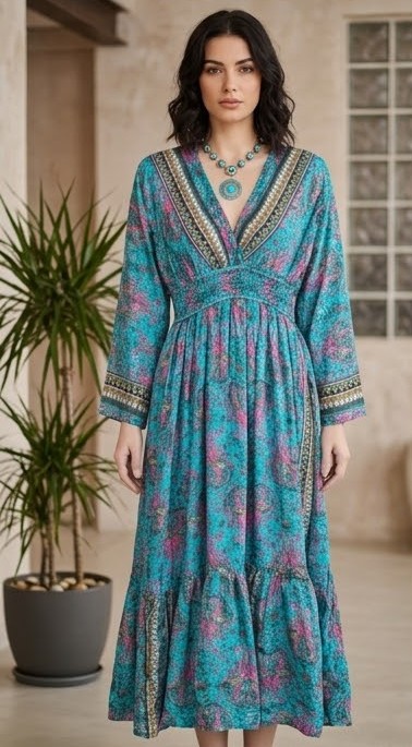 Vestido Largo Boho Chic Print Paisley Turquesa - Imagen 9