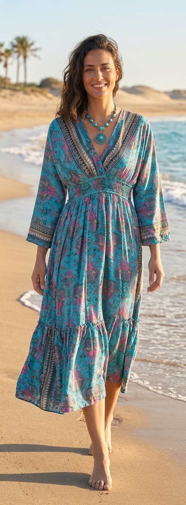 Vestido Largo Boho Chic Print Paisley Turquesa - Imagen 2