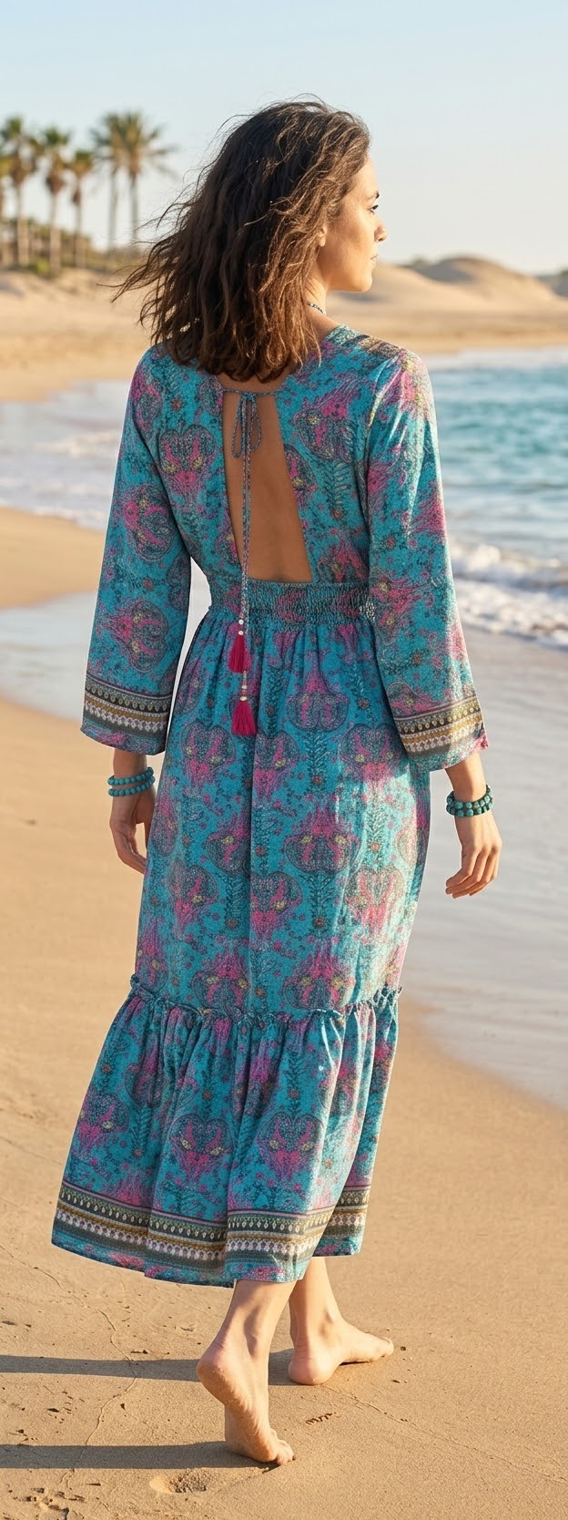 Vestido Largo Boho Chic Print Paisley Turquesa - Imagen 4
