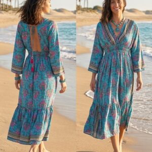Vestido Largo Boho Chic Print Paisley Turquesa