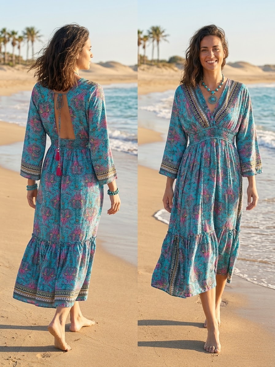 Vestido Largo Boho Chic Print Paisley Turquesa