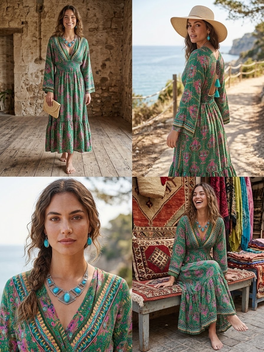 Vestido Largo Boho Chic Verde con Estampado Oriental y Espalda Descubierta - Imagen 6