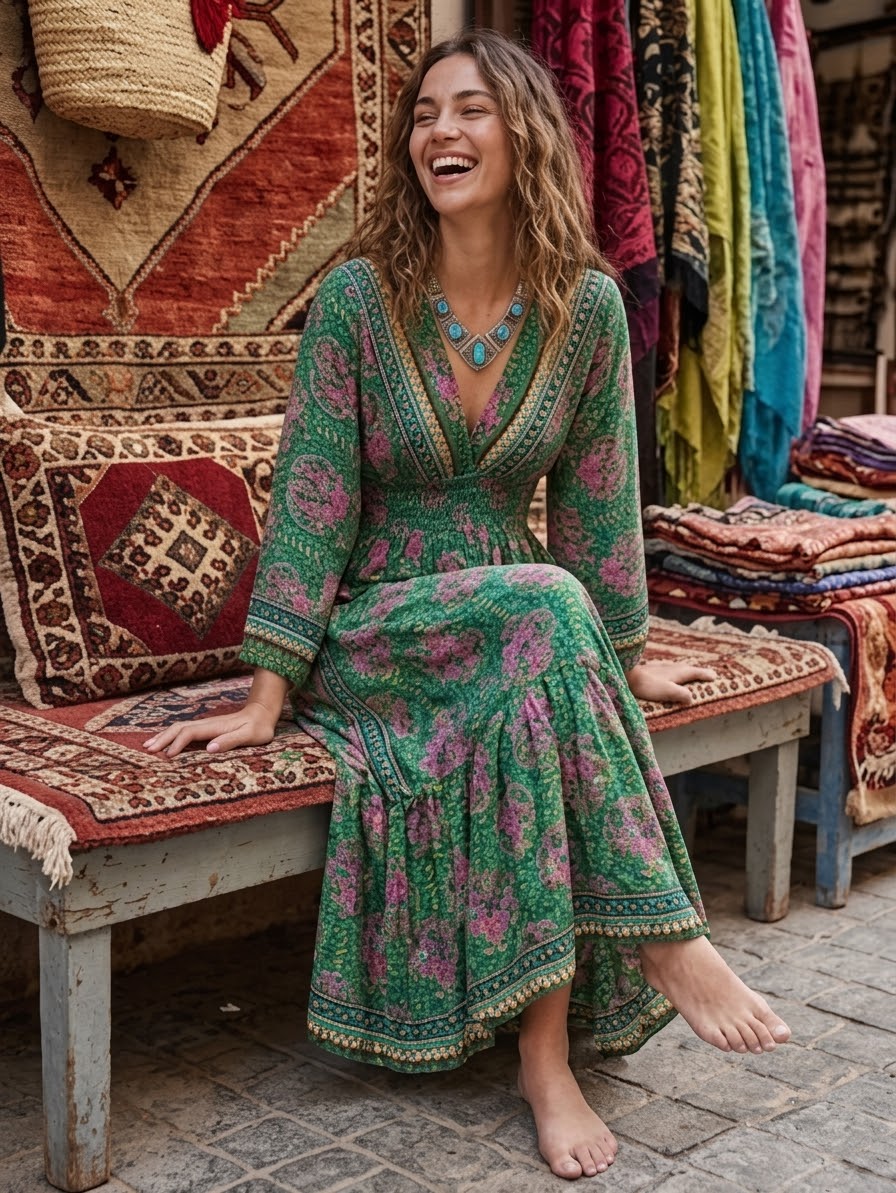 Vestido Largo Boho Chic Verde con Estampado Oriental y Espalda Descubierta - Imagen 2