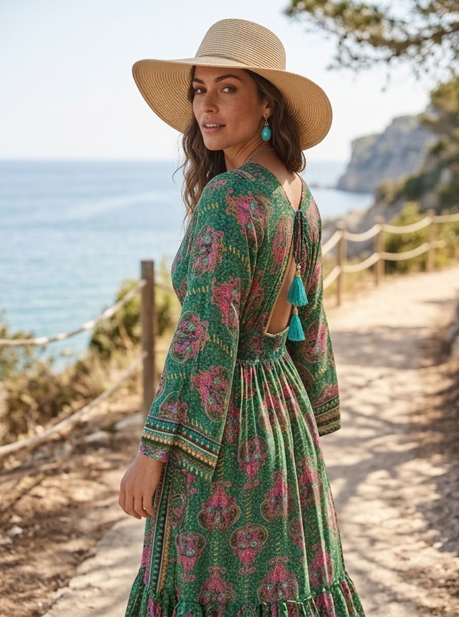 Vestido Largo Boho Chic Verde con Estampado Oriental y Espalda Descubierta