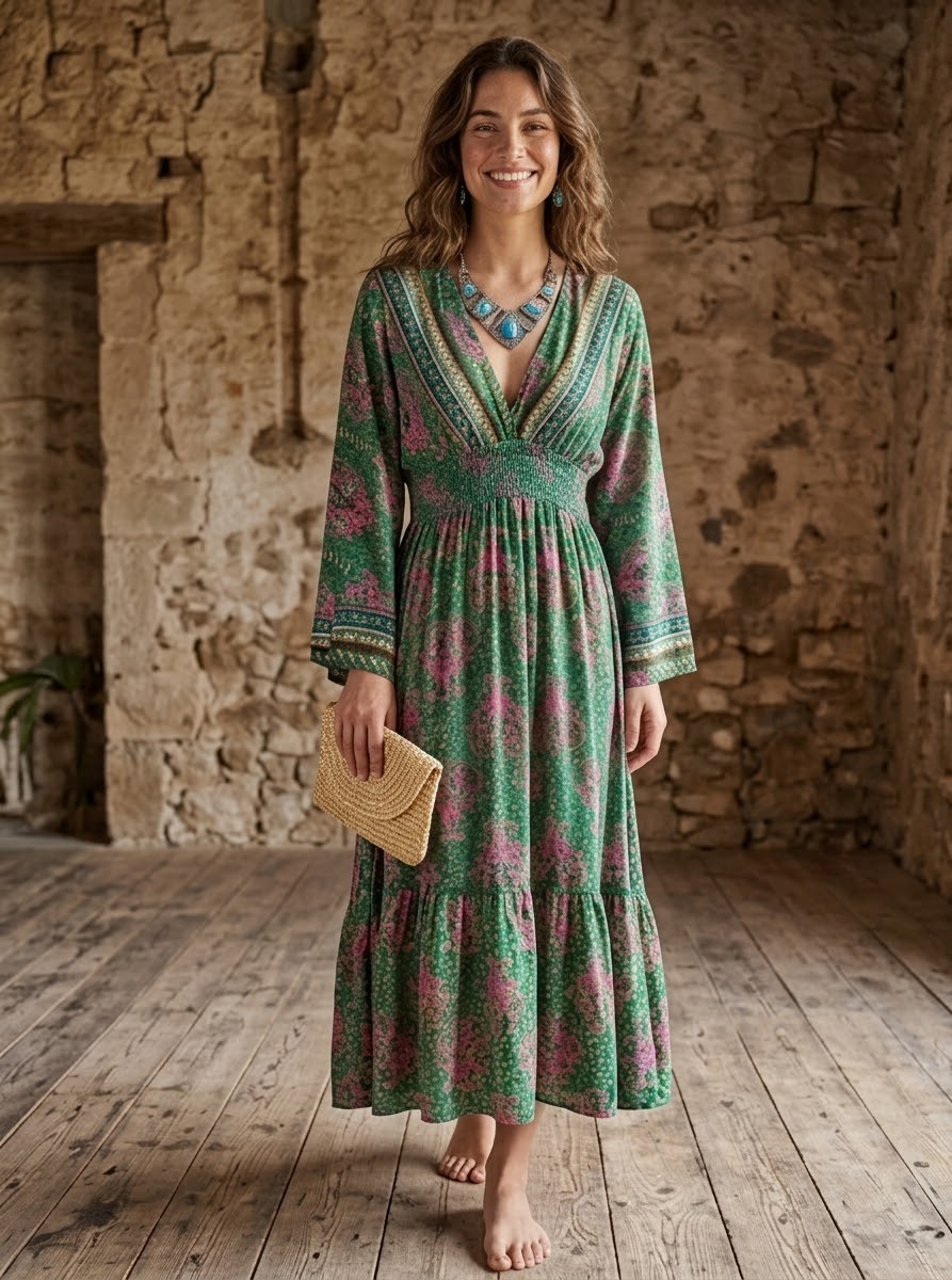 Vestido Largo Boho Chic Verde con Estampado Oriental y Espalda Descubierta - Imagen 3