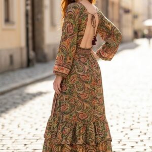 Vestido Largo Boho Chic con Estampado Paisley y Espalda Descubierta