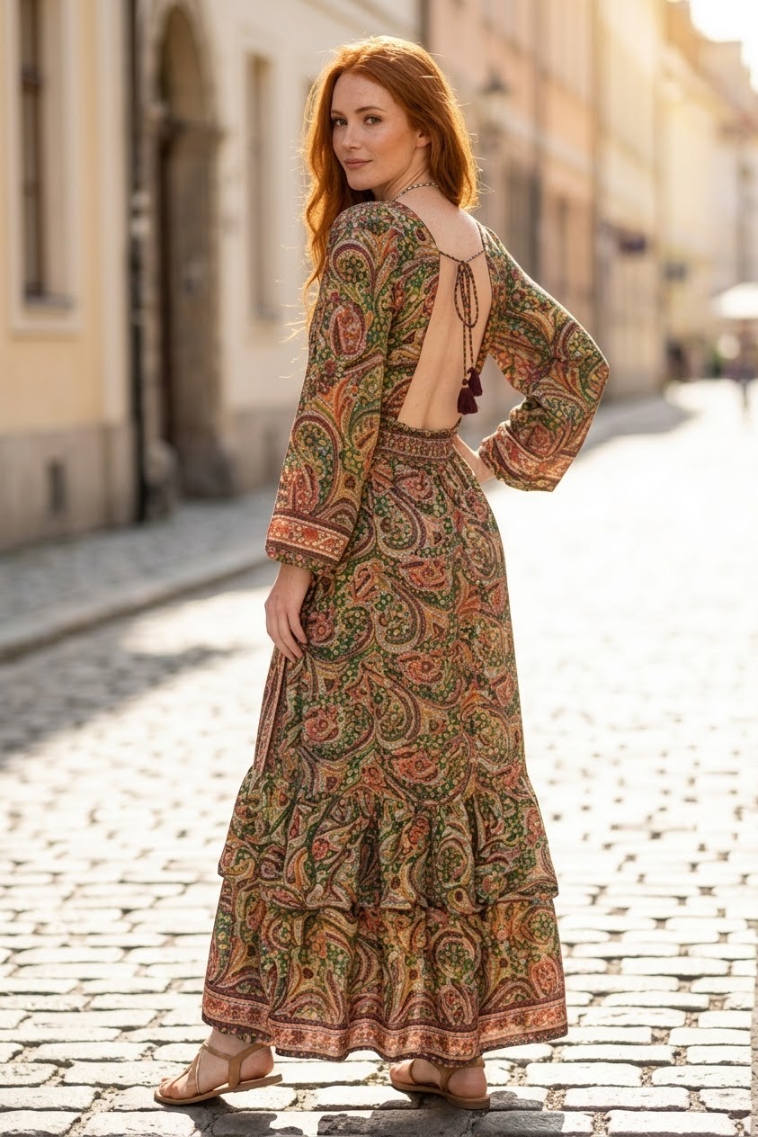 Vestido Largo Boho Chic con Estampado Paisley y Espalda Descubierta