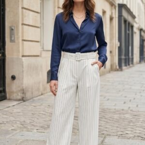 Pantalón Palazzo Fluido a Rayas Diplómaticas con Cinturón Incluido